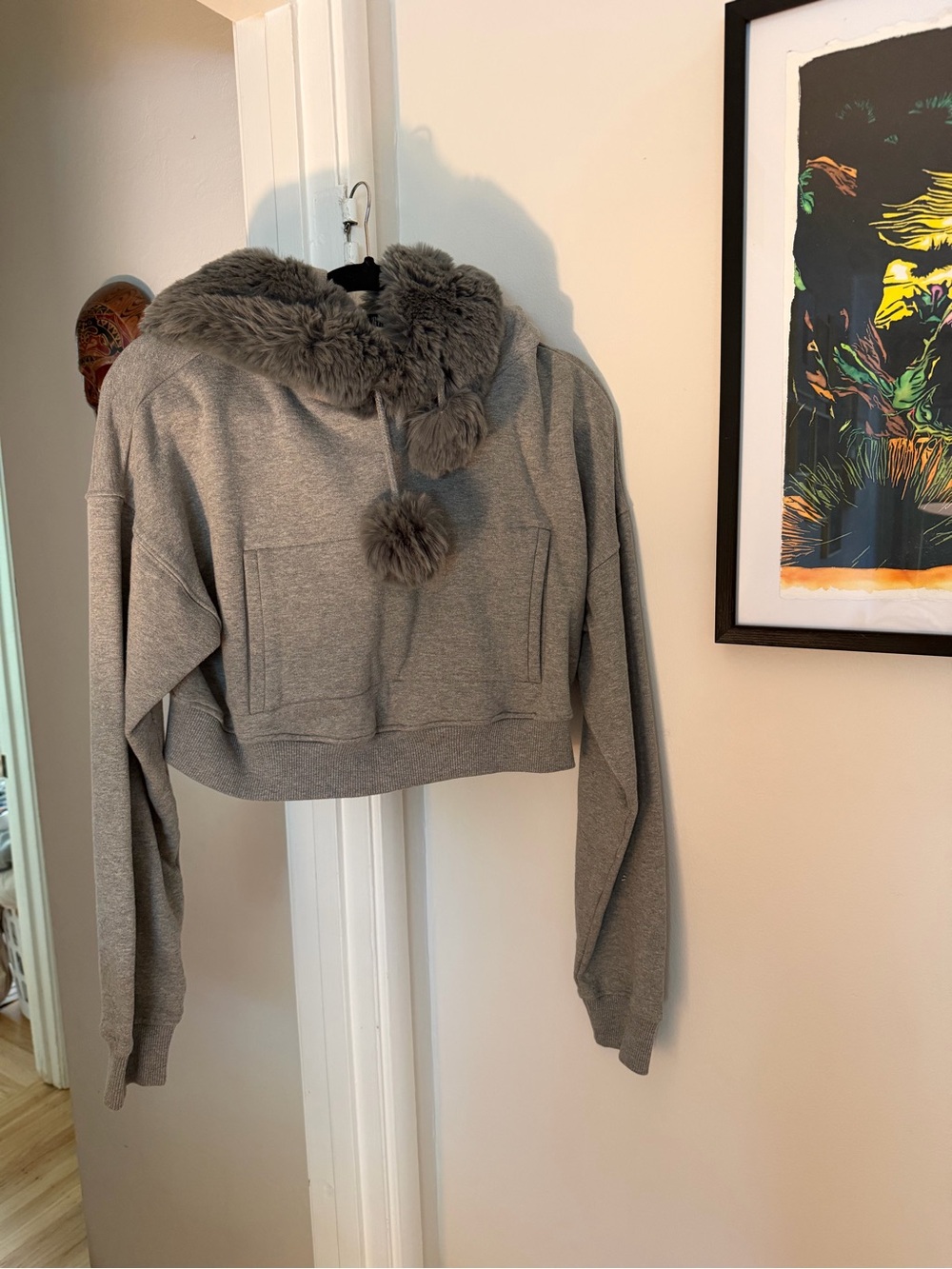 Opening Ceremony Gray Fur-Trimmed Cropped Hoodie